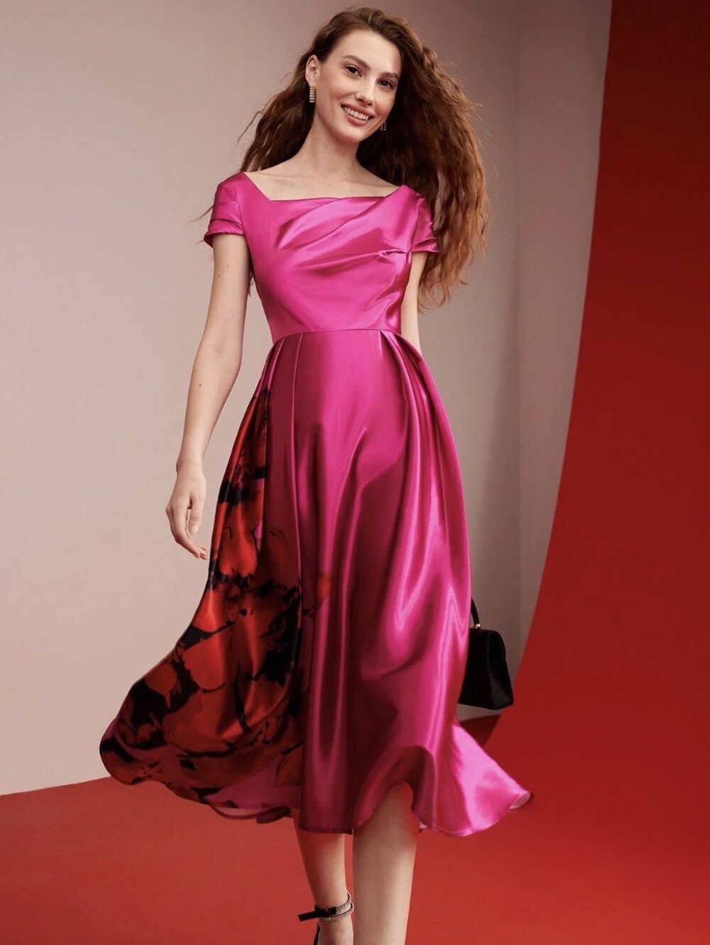 MOFT Luxurious Fuchsia A-line Midi Dress with Floral Panel, Hot Pink
